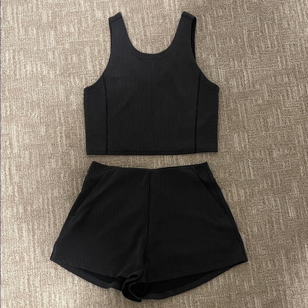 lululemon athletica ribbed softstreme high rise shorts and cropped tank set